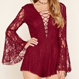 Forever 21 Maroon Lace LS Lace Up Romper